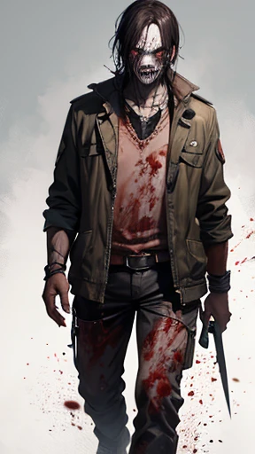 Luis Garavito, sinister smile, horror look, blood staining, ultra realistic, realistic