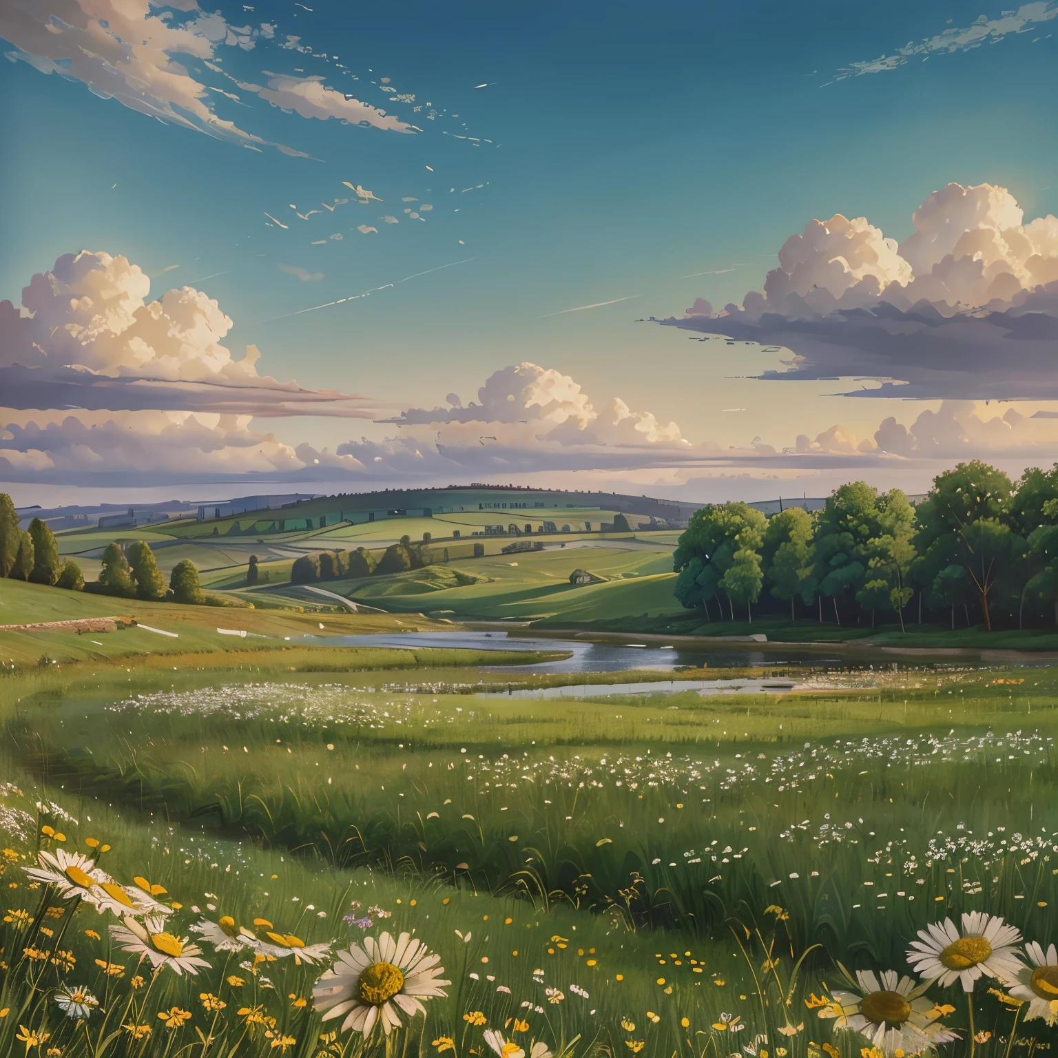 painting of a field of daisies and a river in the distance, meadow with flowers, meadows on hills, field of flowers, by Eugene Tertychnyi, [ oil painting ]!!, landscape oil painting, by Franciszek Starowieyski, summer landscape, summer meadow, by Sylvester Shchedrin, meadows, by Dechko Uzunov