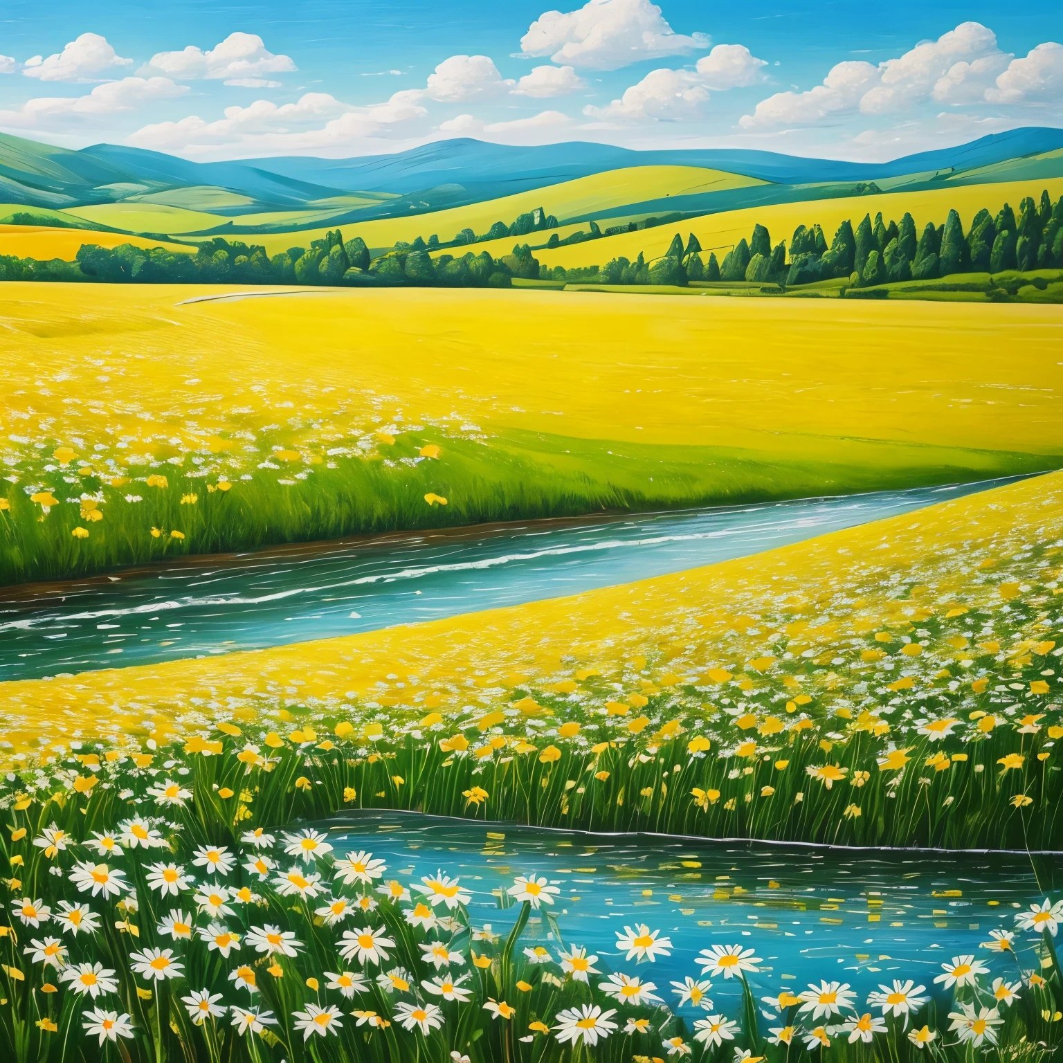 painting of a field of daisies and a river in the distance, an oil painting by Eugene Tertychnyi, flickr, naive art, meadow with flowers, meadows on hills, field of flowers, [ oil painting ]!!, landscape oil painting, summer landscape, summer meadow, meadows, painting of, oil painting!!!, field of wild flowers, sunny meadow