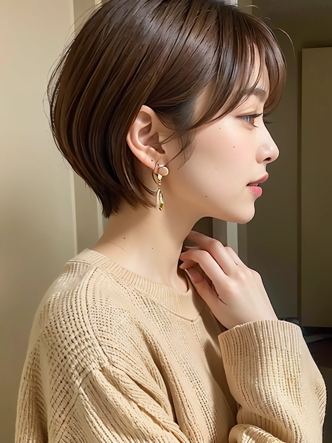 Taken in front of the white door、(8K、Raw photo、highest quality、masterpiece:1.2)、High-definition RAW color photo、professional photos、(realistic、フォトrealistic:1.37)、Photographed in natural light、1 girl、laughter、(various poses)、squat、squat、break (ombre:1.3) 、spring clothes、 simple necklace、(long sleeve dress)、(Beautiful profile:1.3)、Don'don't look at the camera、profile、shortcut、((brown hair)、short hair、Eye color dark brown、(Beautiful profile:1.3)、correct hand of human body、simple earrings