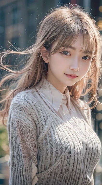 masterpiece, best quality, 8K, disorganized person, (Upper body:1.4), white shirt, beautiful girl, pretty face, looking at the viewer, smile, super realistic, high resolution, picture, sharp focus, HDR, face light, dynamic lighting, movie lighting, professional shadow, beautiful cityscape background, best details, very detailed, Super detailed, finely, real skin, delicate features, detailed face and eyes, sharp pupils、realistic student