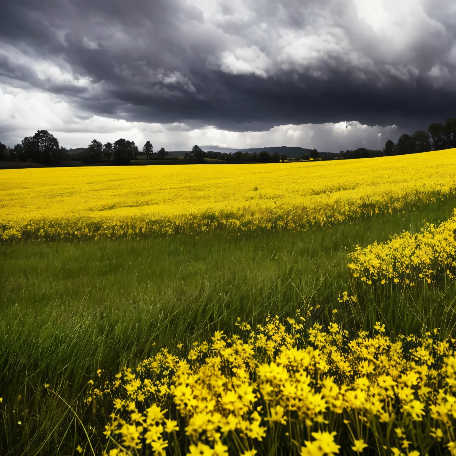 arafed view of a field of yellow flowers with a dark sky, a picture by Gerard Soest, flickr, color field, beautiful and ominous, bad weather approaching, vibrant but dreary gold, against a stormy sky, ominous beautiful mood, ominous photo, stormy day, yellow and greens, storm in the distance, storm in distance, yellow and green