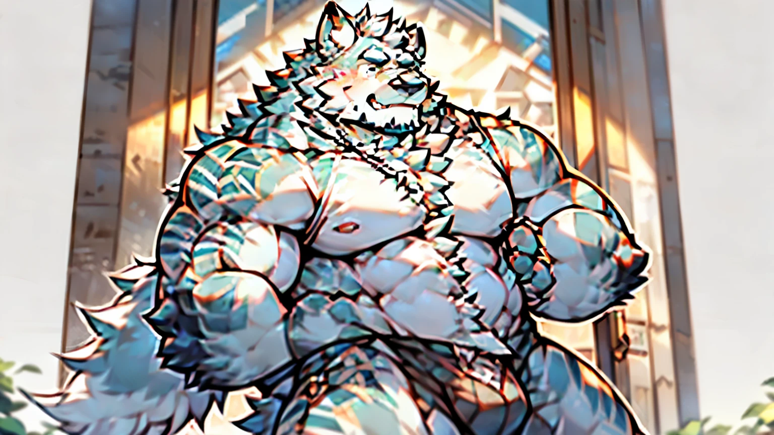 Anthropomorphic wolf,werewolf,man,large pecs,broad shoulderuscular limbs,bare upper body,huge crotch bulge, muscular, large, bearded, facial hair, body hair, chest hair, arm hair, leg hair,full body, grey fur ((high detail,masterpiece,best quality, high definition))