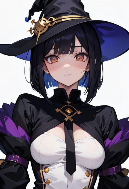 Witch's outfit, Anime-style portrait of a girl with a deep violet bob cut, {Golden eyes}, bright eyes, baby-faced, eye contact with the camera, subtle smile, minimalistic background to emphasize character, high contrast, clean lines, digital painting, vivid colors