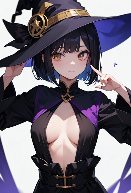 Witch's outfit, Anime-style portrait of a girl with a deep violet bob cut, {Golden eyes}, bright eyes, baby-faced, eye contact with the camera, subtle smile, minimalistic background to emphasize character, high contrast, clean lines, digital painting, vivid colors