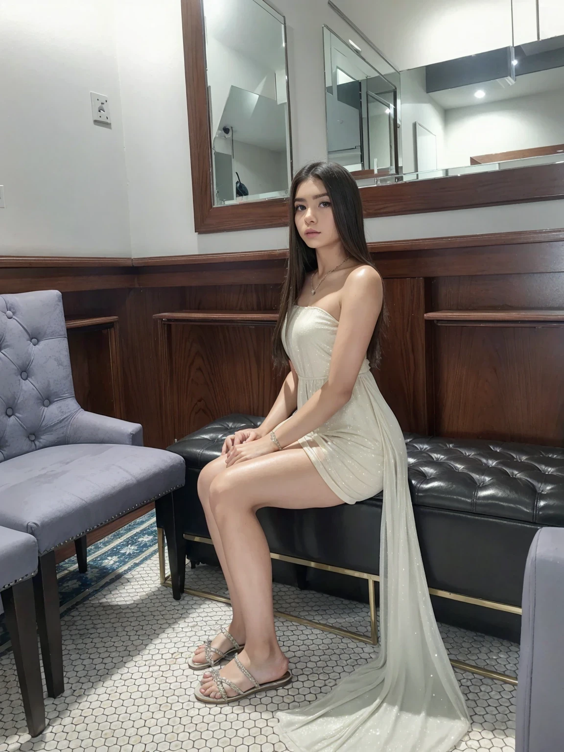 araffe woman sitting on a bench in a room with a mirror, 18 years, usando un vestido elegante, vistiendo un vestido largo, , 21 years, Cindy Avelino, en su trono, tomorrow brother tran, sitting en su trono, sitting in a living room, usando un vestido de noche, 22 years