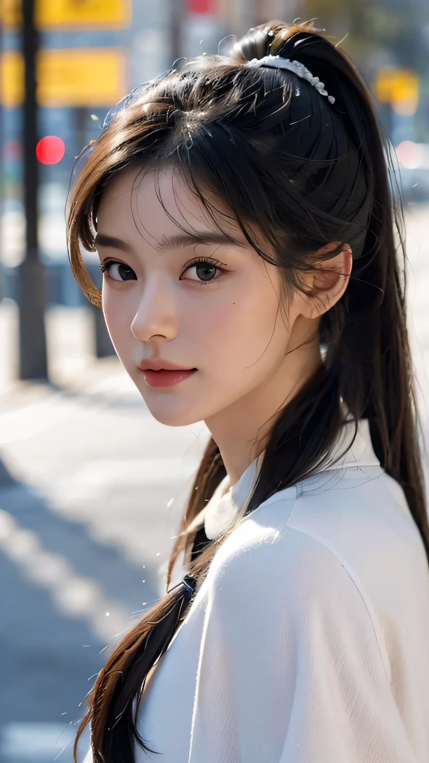 One woman,fully body photo,masutepiece, The highest image quality, High quality, the background is clear，Beautiful woman, Japanese, Detailed, Detailed eyes, Detailed skin, Beautiful skin, 超hight resolution, (reality: 1.4),Very beautiful woman, Slightly younger face, Beautiful skin, slender, (Ultra photo realsisim), (hight resolution), (8K), (Very detailed) (beautifully detailed eyes), (super detailed),   (Detailed face), view the viewer, Fine details, Detailed face, Staring straight ahead, Staring straight ahead, photos realistic, Bright lighting, Professional Lighting, Black hair,poneyTail,a baby face,sixteen years old,Hairstyle is ponytail,long ponytail hairstyle,slight smile,neat and tidy clothing,European Streets,winter Clothing,snowing,