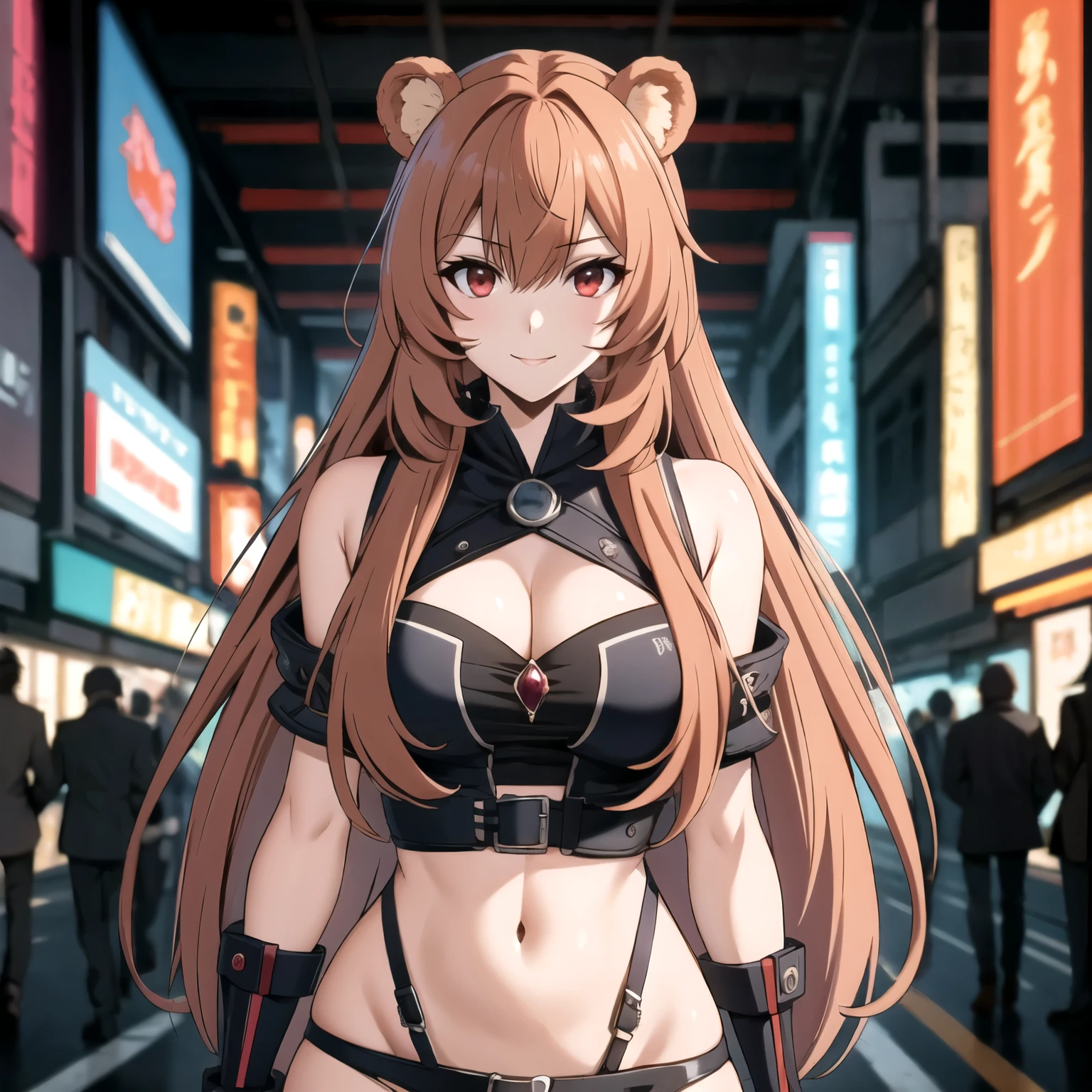 Raphtalia atractiva mujer. orejas de oso, cabello rubio naranja, red eyes like rubies, sonrisa boca abierta, rubor, pechos grandes, escote .ropa corta estilo cyberpunk,  neon buildings background .