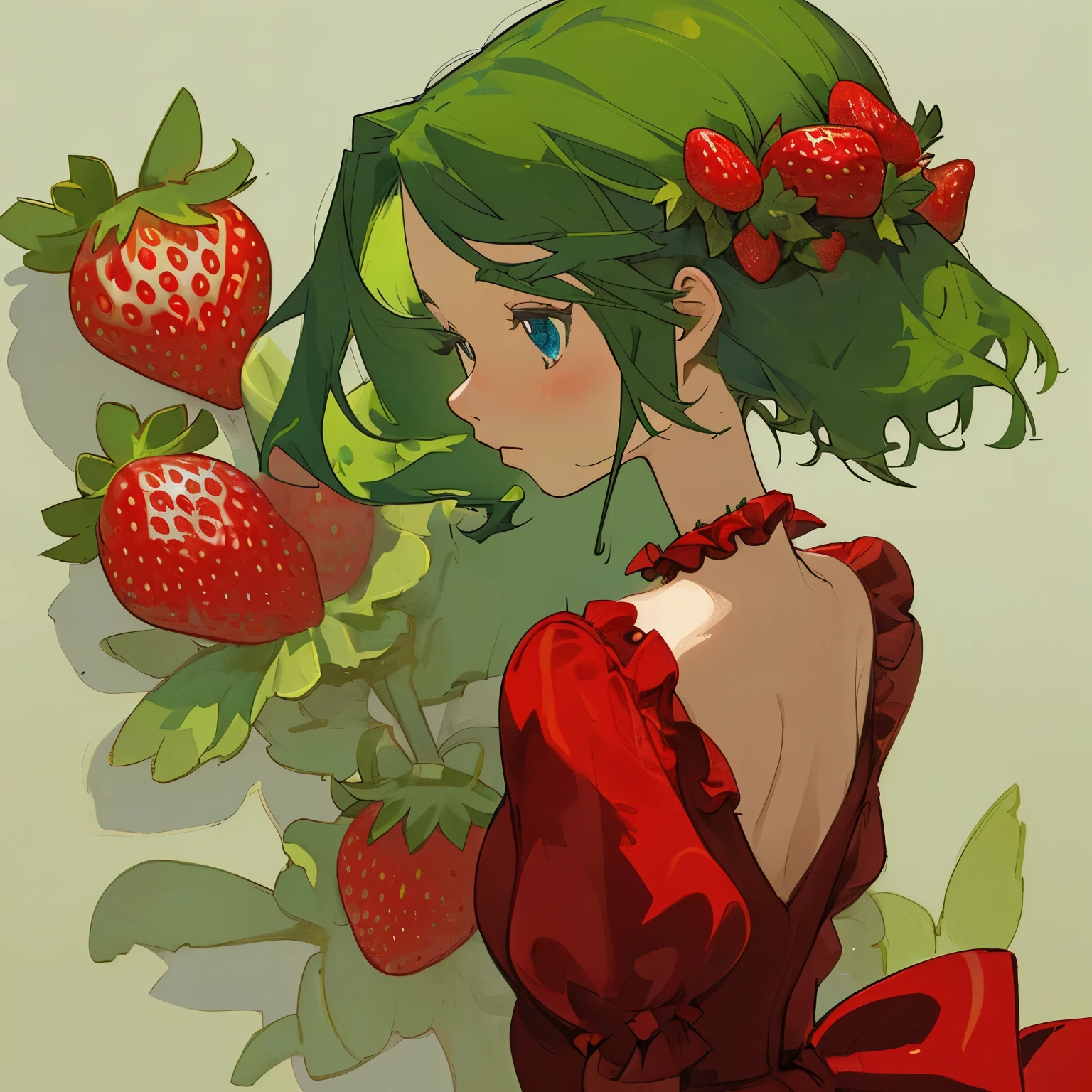 Girl with green hair, blue eyes, red bow in her hair, red dress with a strawberry pattern, profile picture, flower in her hair, strawberry pin in her hair, facing forward