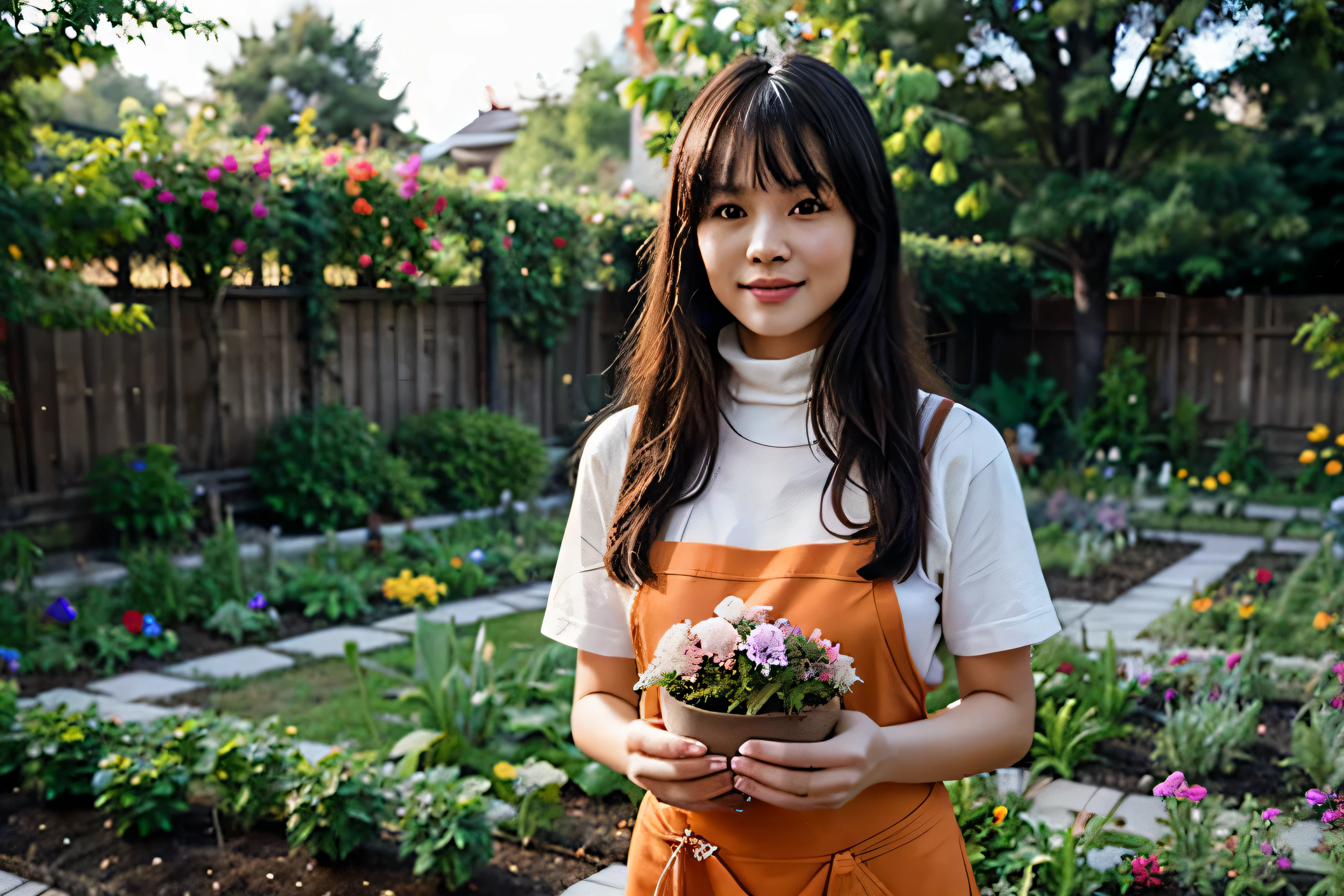 highest quality, super realistic, a Chinese woman is gardening in a beautiful garden with all kinds of flowers with gentle smile, black hair with bangs, perfect face, wearing orange color gardening apron, turtleneck T-shirt, holding a pot of flower, masterpiece,