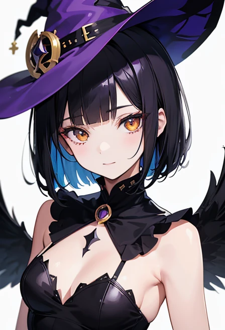 Witch's outfit, Anime-style portrait of a girl with a deep violet bob cut, {Golden eyes}, bright eyes, baby-faced, eye contact with the camera, subtle smile, minimalistic background to emphasize character, high contrast, clean lines, digital painting, vivid colors