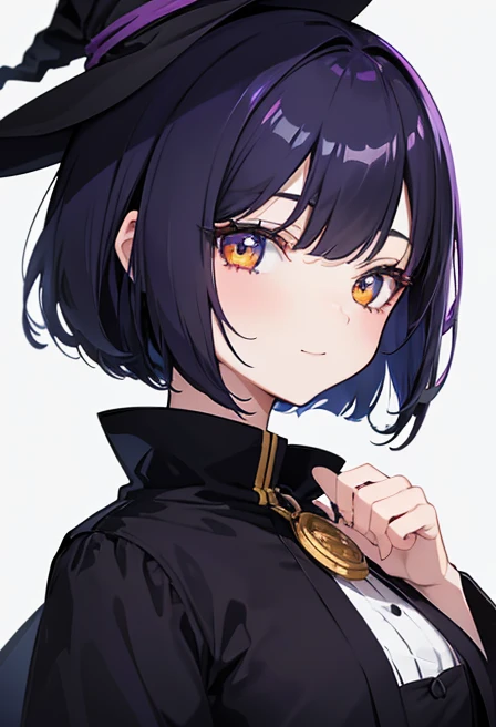 Witch's outfit, Anime-style portrait of a girl with a deep violet bob cut, {Golden eyes}, bright eyes, baby-faced, eye contact with the camera, subtle smile, minimalistic background to emphasize character, high contrast, clean lines, digital painting, vivid colors