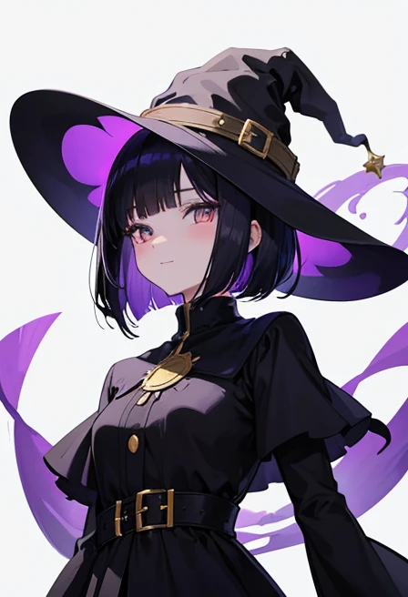 Witch's outfit, Anime-style portrait of a girl with a deep violet bob cut, {Golden eyes}, bright eyes, baby-faced, eye contact with the camera, subtle smile, minimalistic background to emphasize character, high contrast, clean lines, digital painting, vivid colors