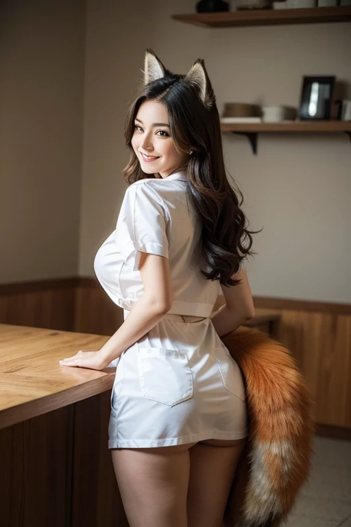 ((highest quality)), ((masterpiece)), (get used to it), perfect face, fox girl, Beautiful woman, public, A tail is growing, she has a fluffy tail, she has a fox tail, she wags her tail, smile, first round, she is wearing a nurse uniform, beautiful hips, big breasts , big tail