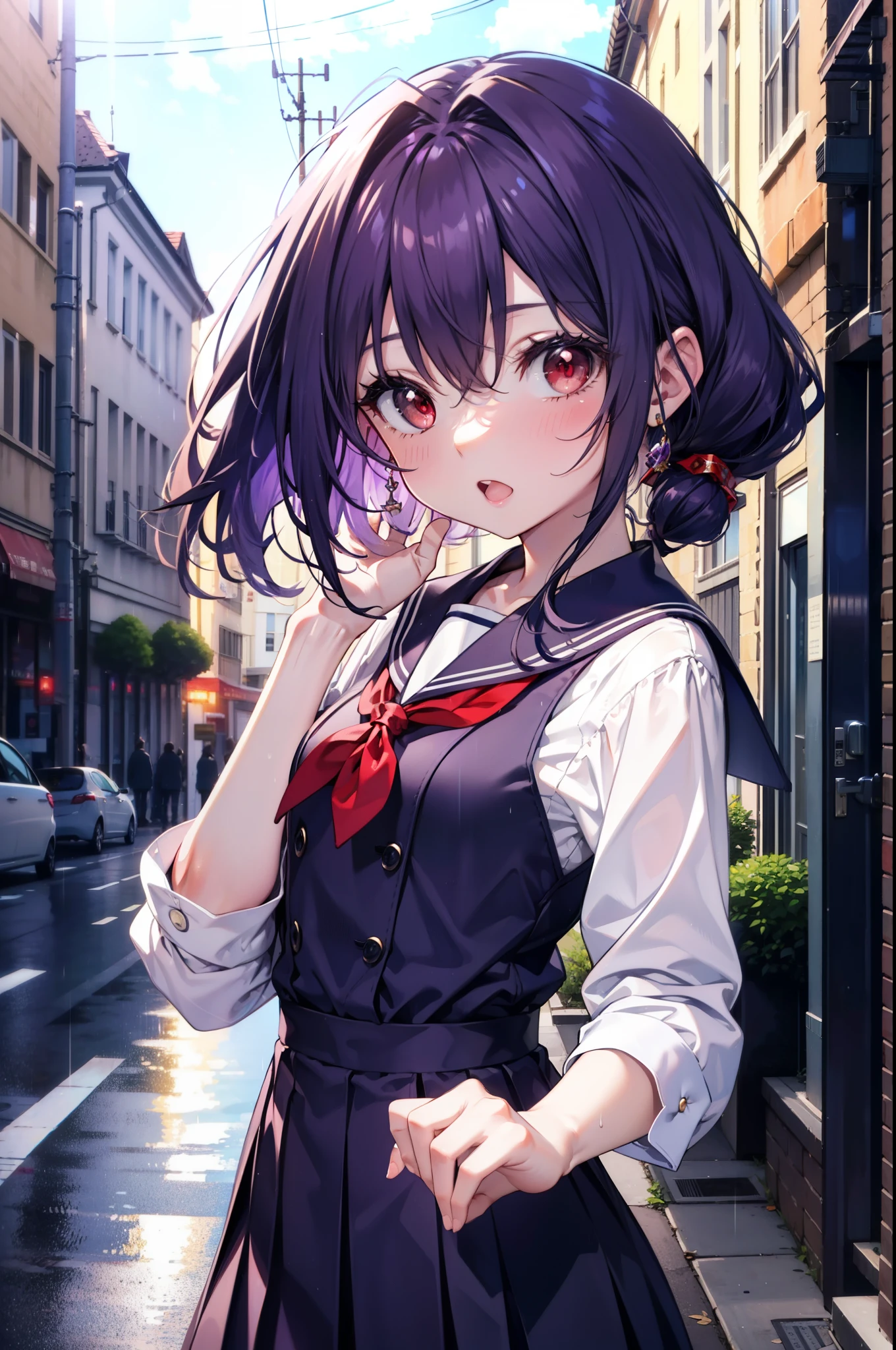 yuukikonno, Yuki Konno,Black Hair,short hair,Bob Hair ,Green headband,(iris:1.5), (Small breasts:1.2), smile,break skirt, shirt, bow, ribbon, , white shirt, Short sleeve, Pleated skirt, collared shirt, mini skirt, bowtie, 茶色のloafers , Black Skirt, Black Pantyhose, loafers, black bow, Sweater vest, (red Sweater vest:1.5),whole bodyがイラストに入るように,walk,
break outdoors, city,construction area,
break looking at viewer, whole body,
break (masterpiece:1.2), highest quality, High resolution, unity 8k wallpaper, (shape:0.8), (Beautiful details:1.6), Highly detailed face, Perfect lighting, Extremely detailed CG, (Perfect hands, Perfect Anatomy),