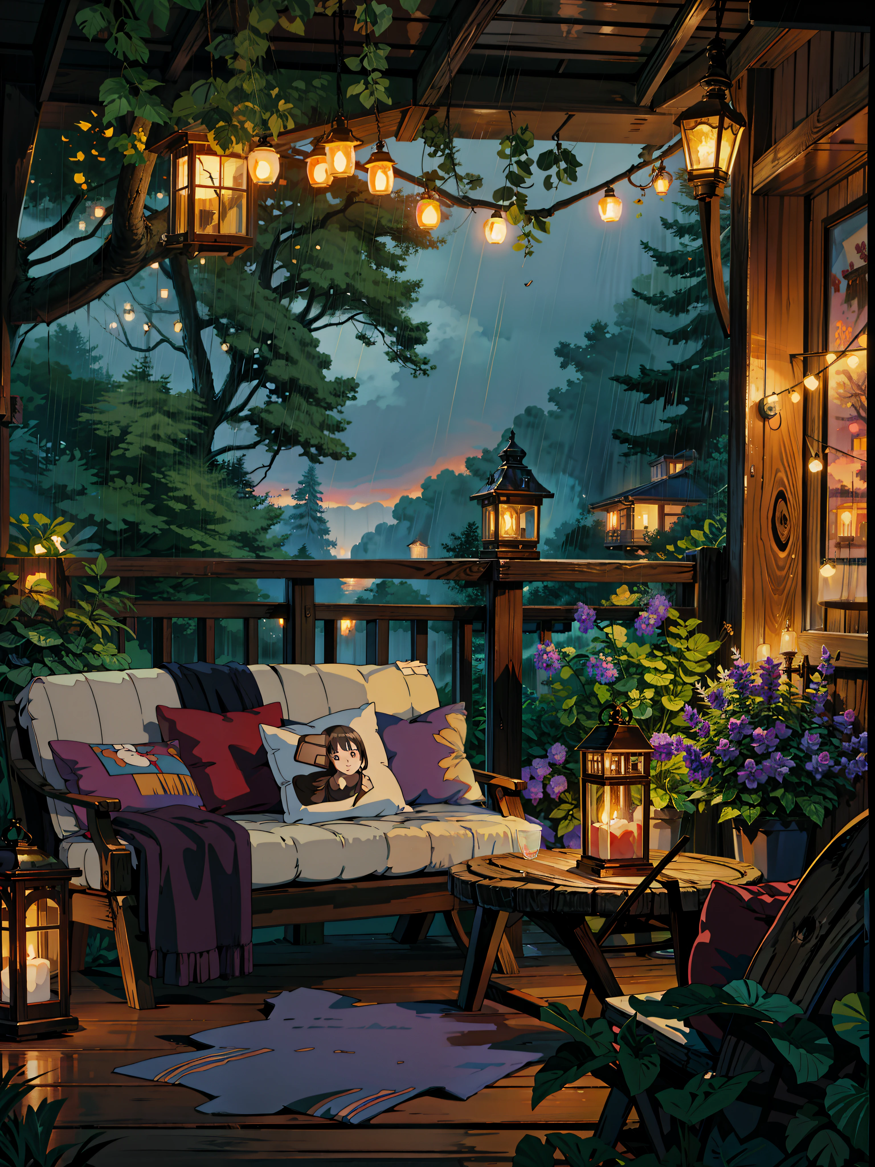 painting of a couch sitting on top of a wooden deck, cozy night fireflies, cozy and peaceful atmosphere, cozy atmosphere, soothing and cozy landscape, rainy evening, pleasant cozy atmosphere, cozy home background, cosy atmosphere, cozy place, at evening during rain, beautiful terrace, by Evgeny Lushpin, cozy setting, rainy environment, cozy atmospheric, cosy atmoshpere, 4k hd,, beautiful art uhd 4 k, a beautiful artwork illustration, beautiful digital painting, highly detailed digital painting, beautiful digital artwork, detailed painting 4 k, very detailed digital painting, rich picturesque colors, gorgeous digital painting