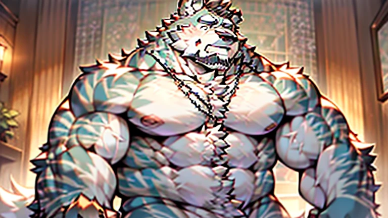 Anthropomorphic wolf，werewolf，man，large pecs，broad shoulderuscular limbs，bare upper body，huge crotch bulge, muscular, large, bearded, facial hair, body hair, chest hair, arm hair, leg hair，full body, grey fur ((high detail，masterpiece，best quality, high definition))