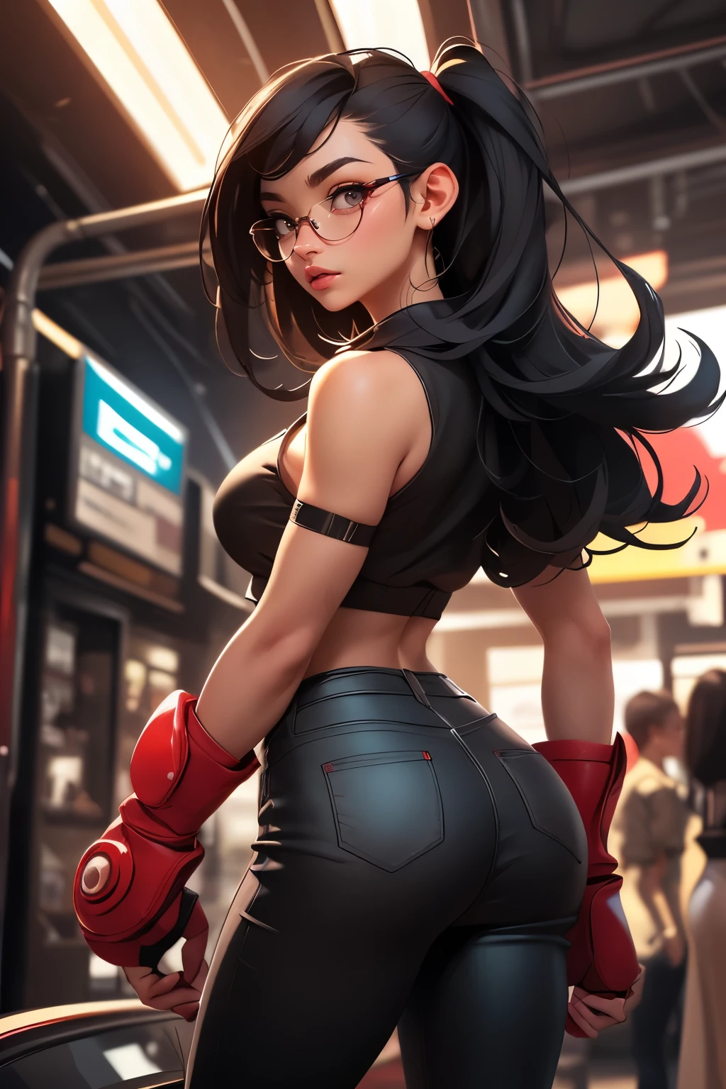 Wide angle shot, rear view, beautiful female street fighter, wearing large glasses, black undercut hair, wearing large steel knuckles