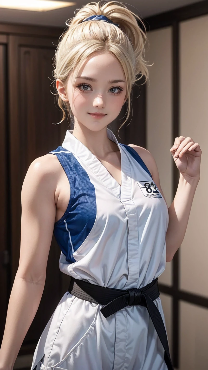 ((最high quality, 8K, masterpiece: 1.3, Ultra HD, high quality, 最high quality, High resolution, realism)) 、(high color saturation:1.0), (highly detailed skin), (最high quality:1.0), (超High resolution:1.0) ,(realistic:1.0), (Super detailed:1.0), (8K, Raw photo:1.1), slender、Slender, muscular body that&#39;s toned like an athlete&#39;s、I don&#39;t want my head to disappear from the screen.、cinematic lighting, sparkle 、25 year old white woman、platinum blonde、long hair、blue eyes、hair above one eye、smile、Karate、Wear a uniform、Tie a black belt、Being in the dojo、smile((smile ))、32k、ponytail