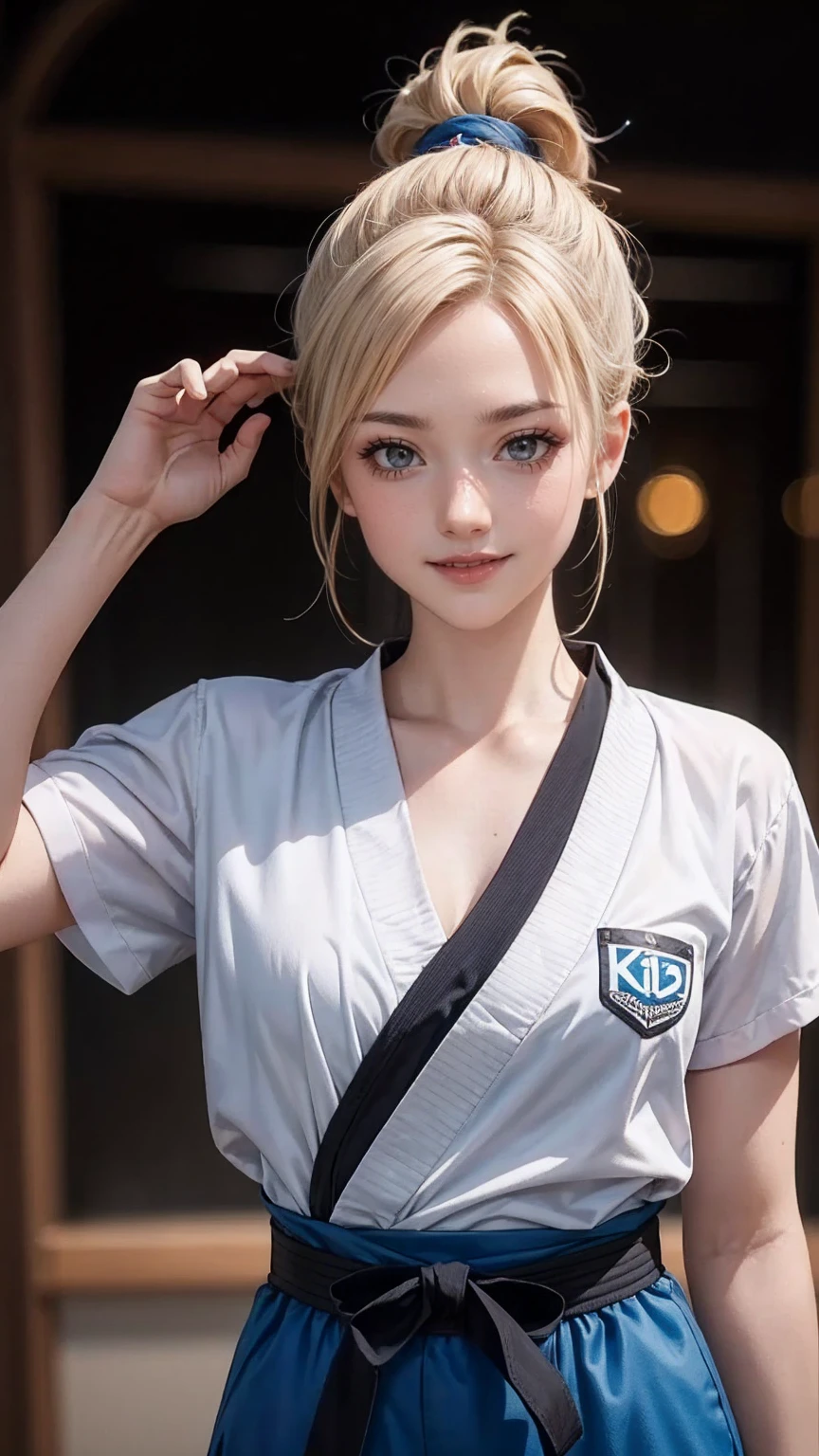((最high quality, 8K, masterpiece: 1.3, Ultra HD, high quality, 最high quality, High resolution, realism)) 、(high color saturation:1.0), (highly detailed skin), (最high quality:1.0), (超High resolution:1.0) ,(realistic:1.0), (Super detailed:1.0), (8K, Raw photo:1.1), slender、Slender, muscular body that&#39;s toned like an athlete&#39;s、I don&#39;t want my head to disappear from the screen.、cinematic lighting, sparkle 、25 year old white woman、platinum blonde、long hair、blue eyes、hair above one eye、smile、Karate、Wear a uniform、Tie a black belt、Being in the dojo、smile((smile ))、32k、ponytail