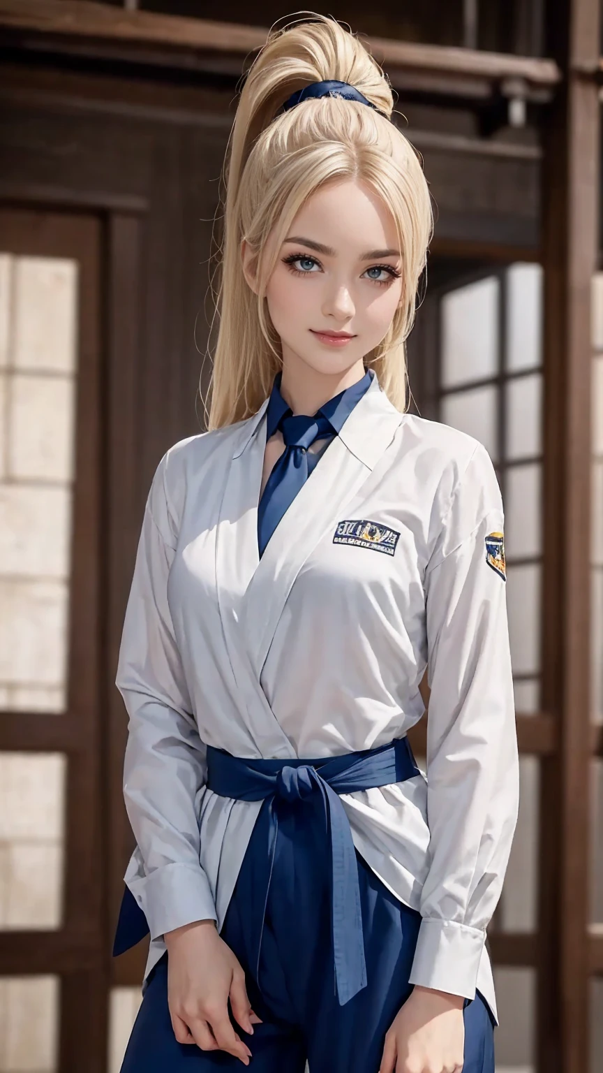 ((最high quality, 8K, masterpiece: 1.3, Ultra HD, high quality, 最high quality, High resolution, realism)) 、(high color saturation:1.0), (highly detailed skin), (最high quality:1.0), (超High resolution:1.0) ,(realistic:1.0), (Super detailed:1.0), (8K, Raw photo:1.1), slender、Slender, muscular body that's toned like an athlete's、I don't want my head to disappear from the screen.、cinematic lighting, sparkle 、25 year old white woman、platinum blonde、long hair、blue eyes、hair above one eye、smile、Karate、Wear a uniform、Tie a black belt、Being in the dojo、smile((smile ))、32k、ponytail