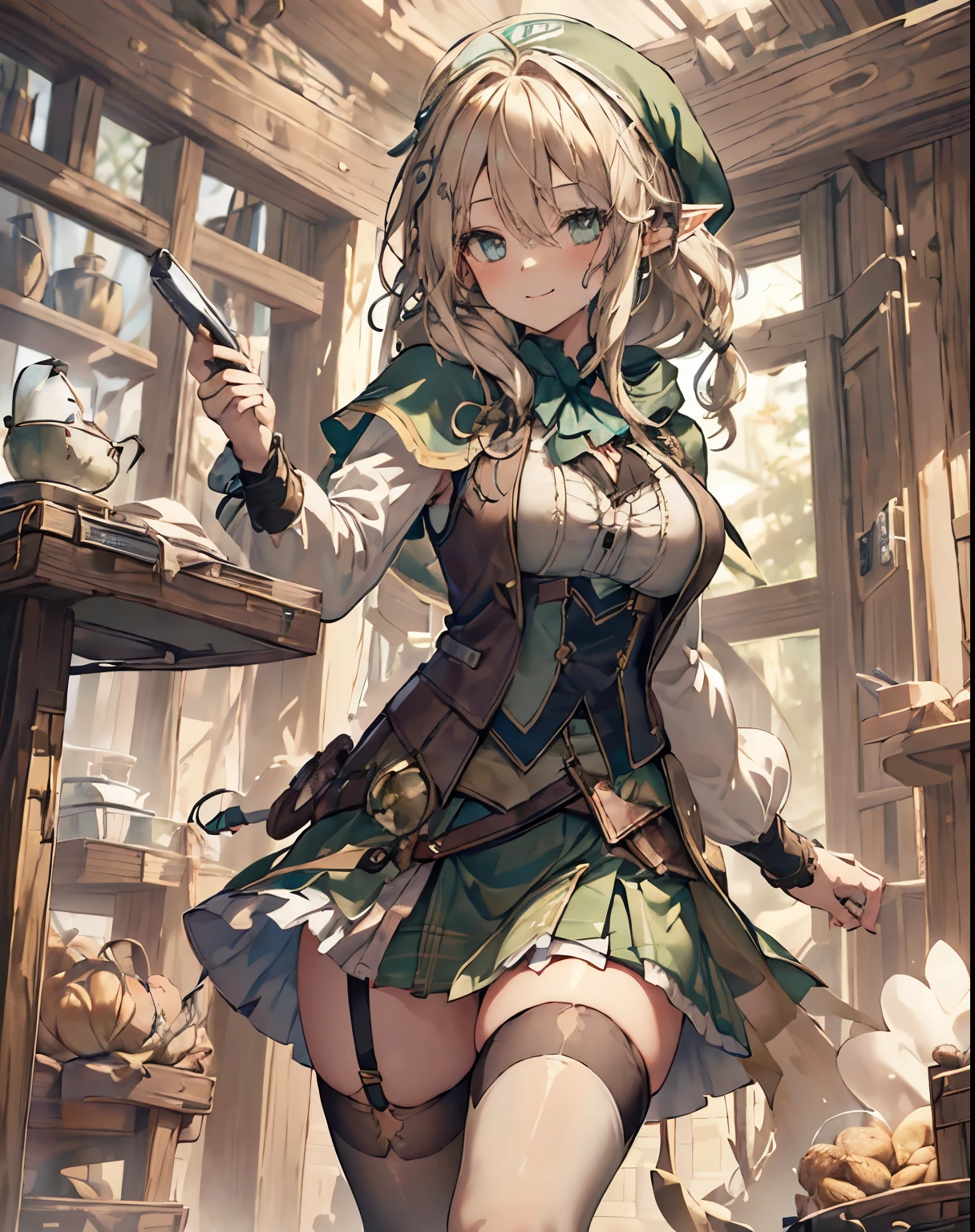 masterpiece, 1girl, sparrow, a blonde haired girl, wearing a white elf clothes, curly medium hair, messy hair, slim body, wearing green capelet with hoody, he close her left eye, shirt ornament, aqua eyes, sho show her back, ahoge, black vest, baby face, big breast, beautiful breasts, rounded breasts, braid hair, mitre cap, long sleeves, beautiful eyes, white stocking, droopy eyes, miniskirt, green skirt, plaid skirt, her age is 19 years old, elf, seductive smile, forest