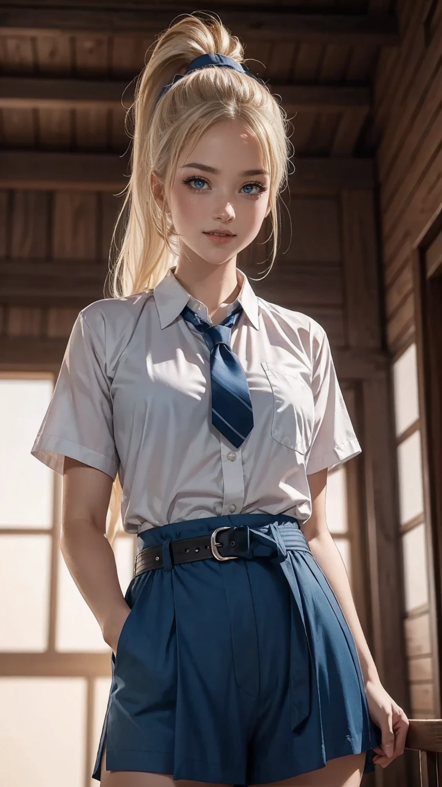 ((最high quality, 8K, masterpiece: 1.3, Ultra HD, high quality, 最high quality, High resolution, realism)) 、(high color saturation:1.0), (highly detailed skin), (最high quality:1.0), (超High resolution:1.0) ,(realistic:1.0), (Super detailed:1.0), (8K, Raw photo:1.1), slender、Slender, muscular body that's toned like an athlete's、I don't want my head to disappear from the screen.、cinematic lighting, sparkle 、25 year old white woman、platinum blonde、long hair、blue eyes、hair above one eye、smile、Karate、Wear a uniform、Tie a black belt、Being in the dojo、smile((smile ))、32k、ponytail