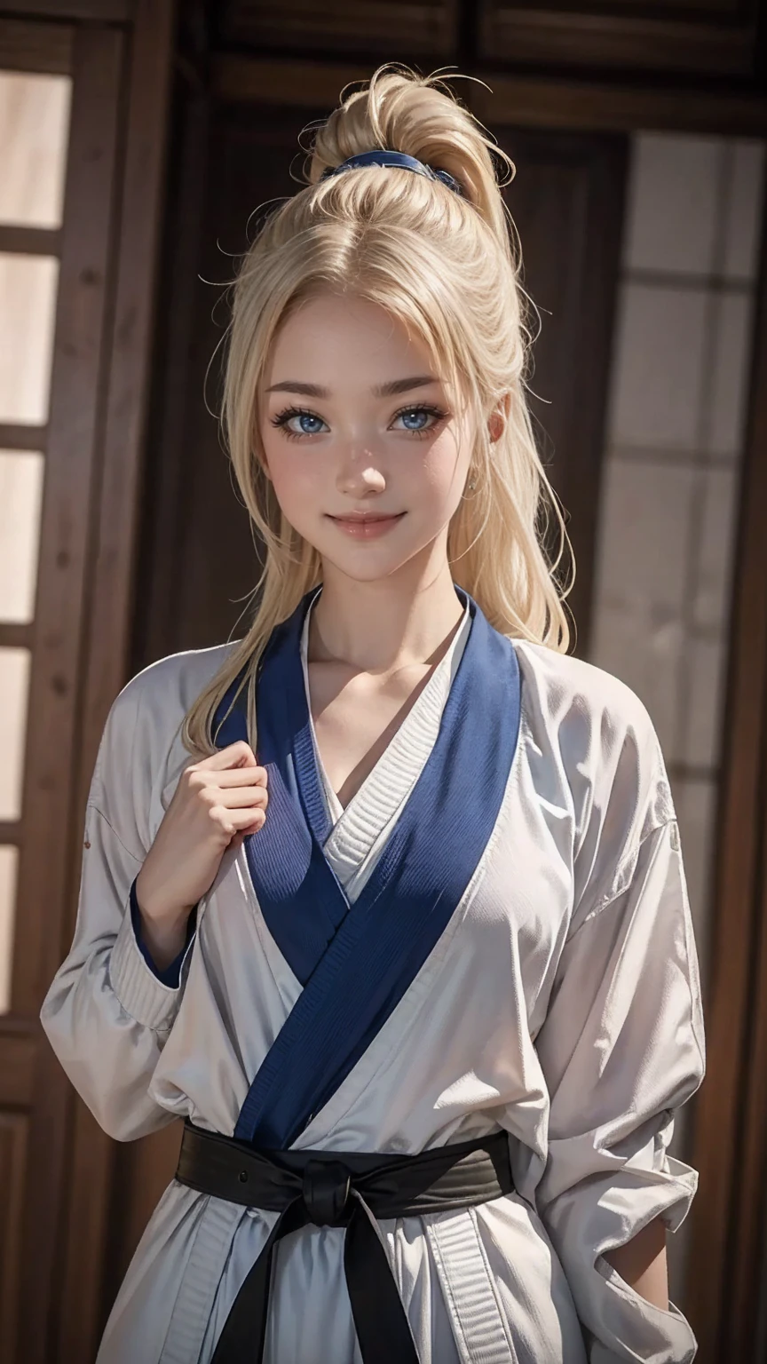 ((最high quality, 8K, masterpiece: 1.3, Ultra HD, high quality, 最high quality, High resolution, realism)) 、(high color saturation:1.0), (highly detailed skin), (最high quality:1.0), (超High resolution:1.0) ,(realistic:1.0), (Super detailed:1.0), (8K, Raw photo:1.1), slender、Slender, muscular body that&#39;s toned like an athlete&#39;s、I don&#39;t want my head to disappear from the screen.、cinematic lighting, sparkle 、25 year old white woman、platinum blonde、long hair、blue eyes、hair above one eye、smile、Karate、Wear a uniform、Tie a black belt、Being in the dojo、smile((smile ))、32k、ponytail