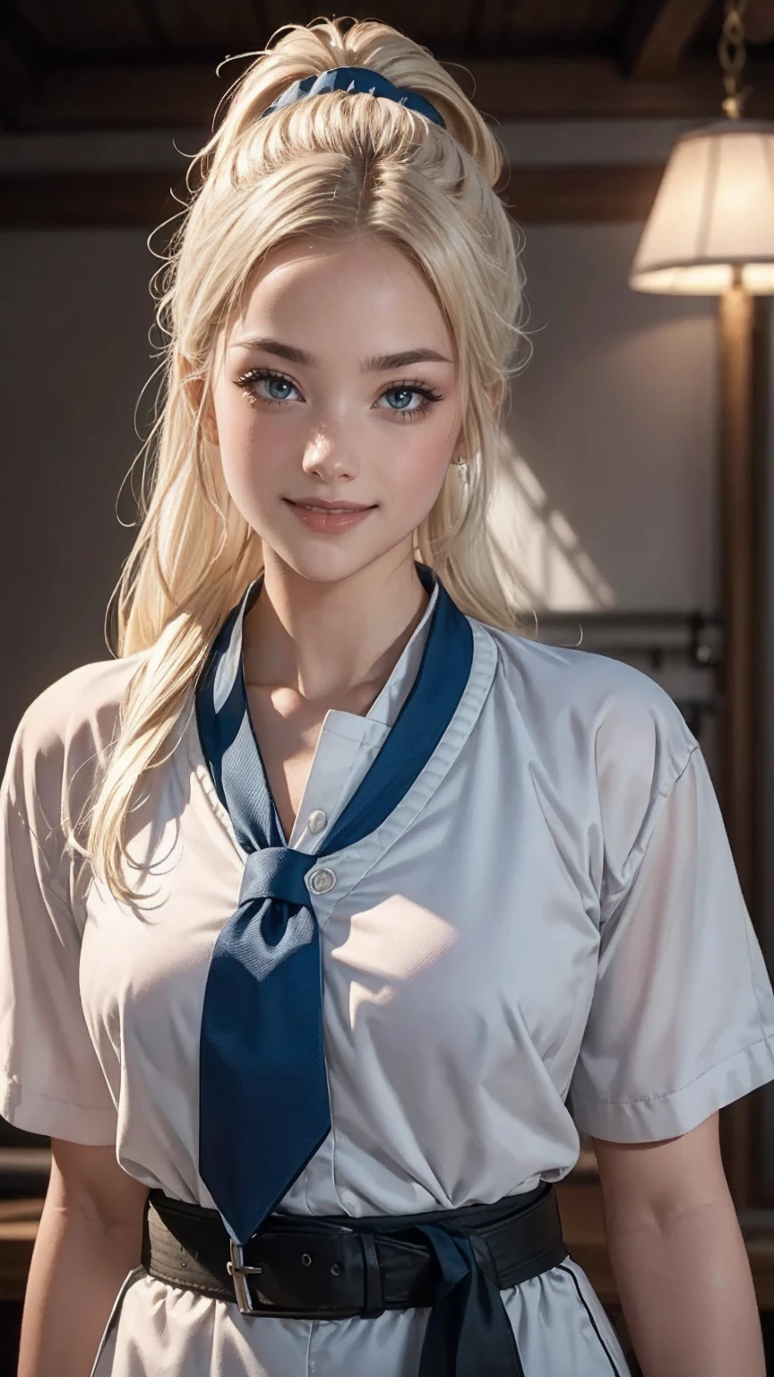 ((最high quality, 8K, masterpiece: 1.3, Ultra HD, high quality, 最high quality, High resolution, realism)) 、(high color saturation:1.0), (highly detailed skin), (最high quality:1.0), (超High resolution:1.0) ,(realistic:1.0), (Super detailed:1.0), (8K, Raw photo:1.1), slender、Slender, muscular body that&#39;s toned like an athlete&#39;s、I don&#39;t want my head to disappear from the screen.、cinematic lighting, sparkle 、25 year old white woman、platinum blonde、long hair、blue eyes、hair above one eye、smile、Karate、Wear a uniform、Tie a black belt、Being in the dojo、smile((smile ))、32k、ponytail