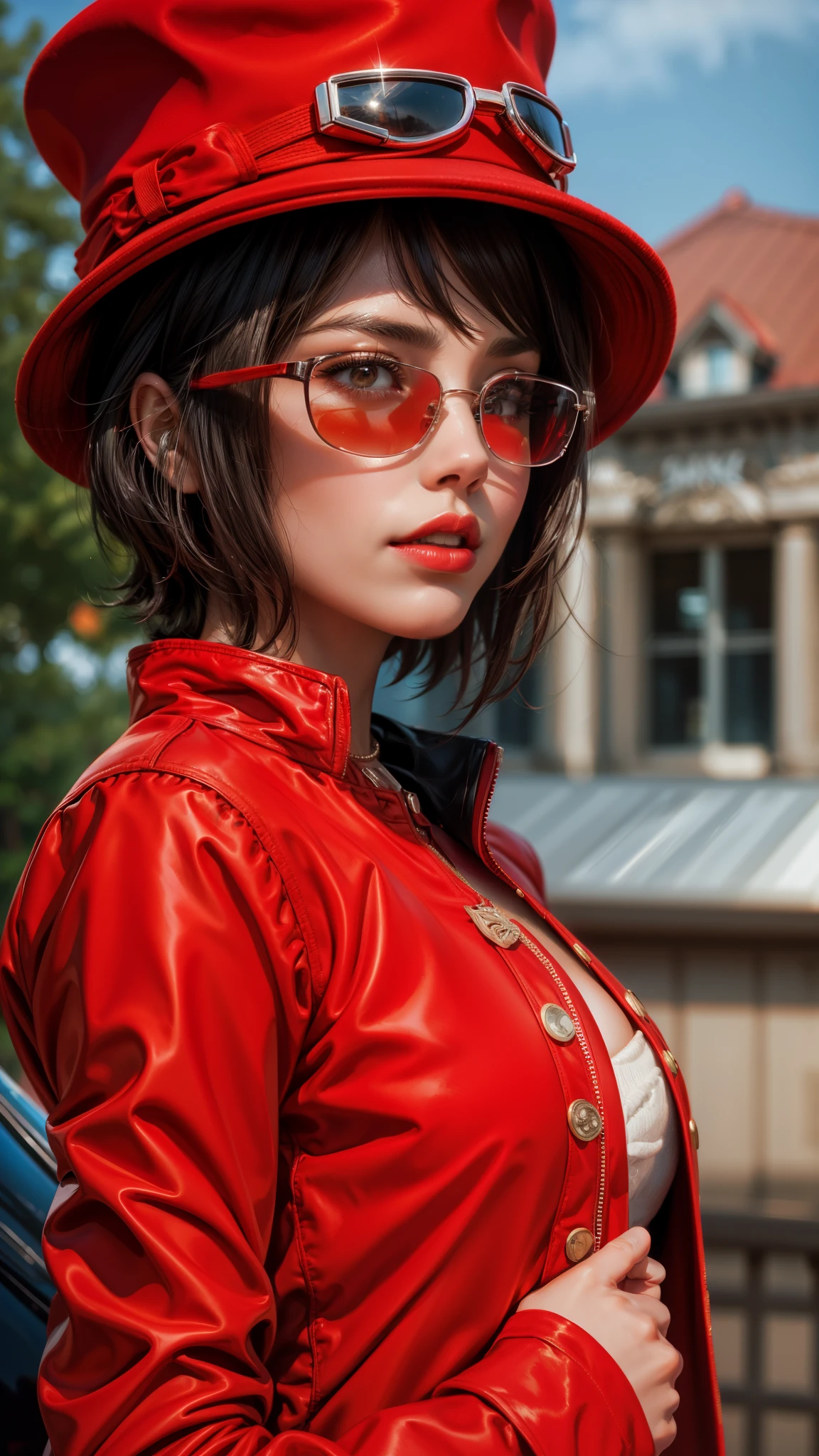 there is a woman in a red jacket and hat posing for a picture, in style of digital painting, in style of digital illustration, style digital painting, glossy digital painting, digital art of an elegant, photorealistic artstyle, stunning digital painting, beautiful digital artwork, cartoon digital painting, elegant digital painting, digital painting highly detailed, digital art picture, style in digital painting