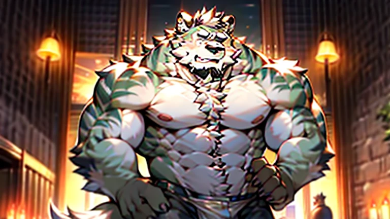 Anthropomorphic wolf，werewolf，man，large pecuscular limbs，???? upper body，broad shoulders, huge ?????? bulge, muscular, large, bearded, facial hair, body hair, ????? hair, arm hair, leg hair，full body, grey fur ((high detail，masterpiece，best quality, high definition))