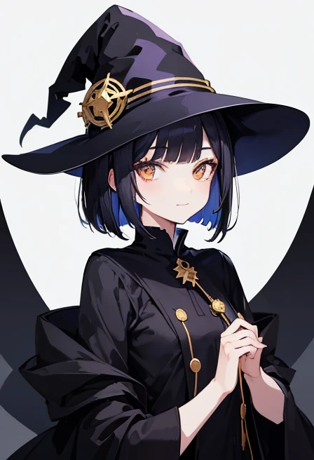 Witch's outfit, Anime-style portrait of a girl with a deep violet bob cut, {Golden eyes}, bright eyes, baby-faced, eye contact with the camera, subtle smile, minimalistic background to emphasize character, high contrast, clean lines, digital painting, vivid colors