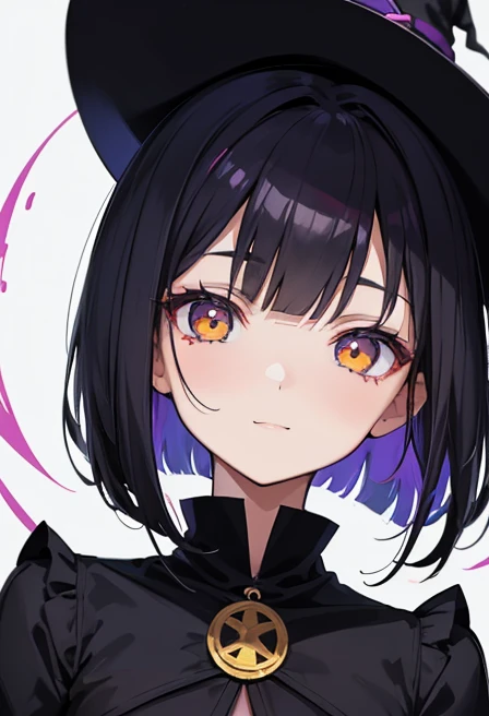 Witch's outfit, Anime-style portrait of a girl with a deep violet bob cut, {Golden eyes}, bright eyes, baby-faced, eye contact with the camera, subtle smile, minimalistic background to emphasize character, high contrast, clean lines, digital painting, vivid colors