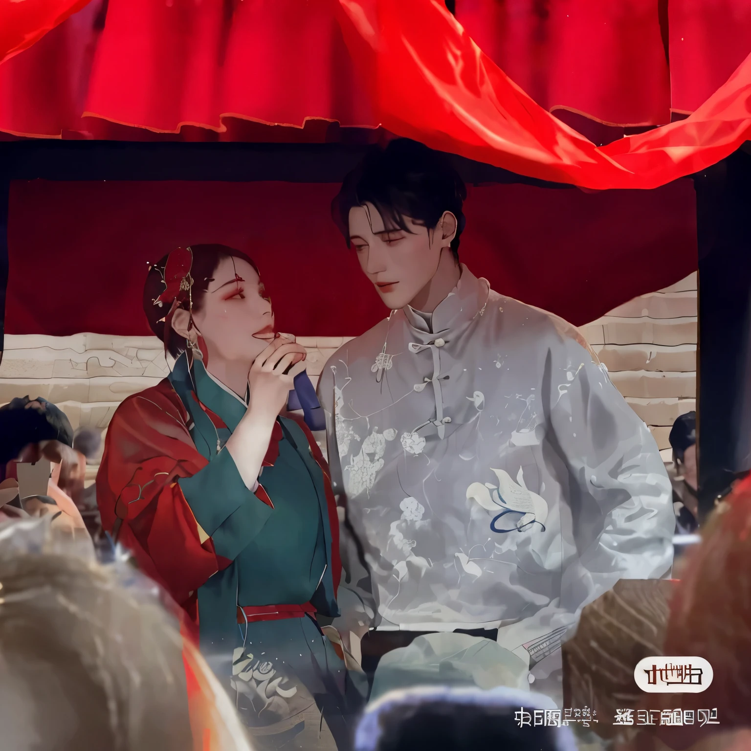 there is a man and woman standing under a red umbrella, jia, cai xukun, hanfu, Hungry Ghost Festival, wearing ancient chinese clothes, with acient chinese clothes, handsome, ruan jia and fenghua zhong, 8k)), lu ji, performing on stage, yiqiang and shurakrgt