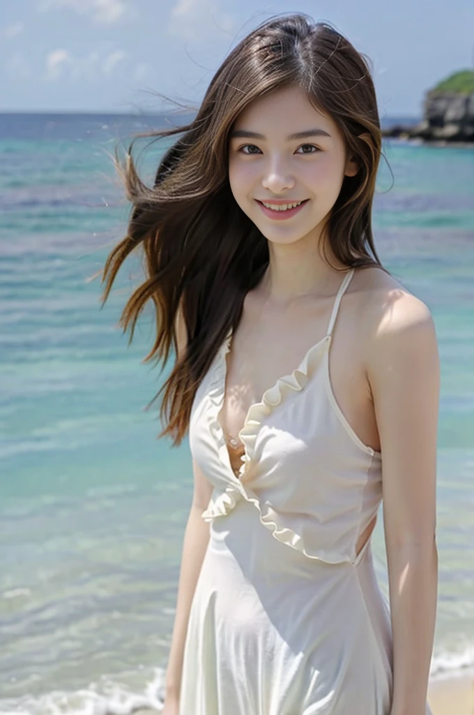 19 year old beautiful girl、Highest image quality、realistic、16K、beautiful woman、super long hair、slim、frill dress、beach、Okinawa sea、Getting into the sea、standing pose、Pull up your hair、panoramic、whole body、Taken from a distance、smile