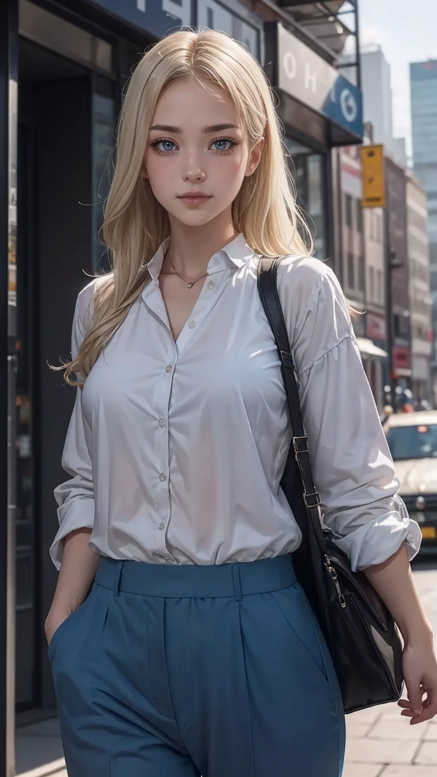 ((最high quality, 8K, masterpiece: 1.3, Ultra HD, high quality, 最high quality, High resolution, realism)) 、(high color saturation:1.0), (highly detailed skin), (最high quality:1.0), (超High resolution:1.0) ,(realistic:1.0), (Super detailed:1.0), (8K, Raw photo:1.1), slender、Slender, muscular body that's toned like an athlete's、I don't want my head to disappear from the screen.、cinematic lighting, sparkle 、25 year old white woman、platinum blonde、long hair、blue eyes、hair above one eye、John Wick、wear a black suit、night city background