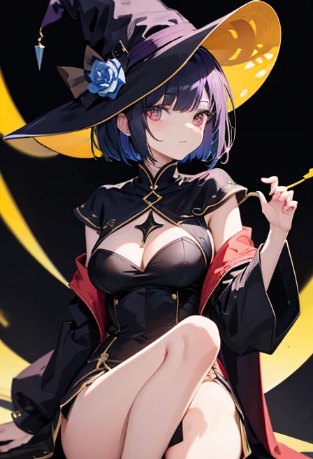 A smiling girl in an illuminated open-air bath on the roof at night、Woman wearing a large black witch hat with sapphire accessories、Dark brown loose long bob short hair、Completely naked、nude、beautiful nipples、beautiful female genitals、fluffy pubic hair