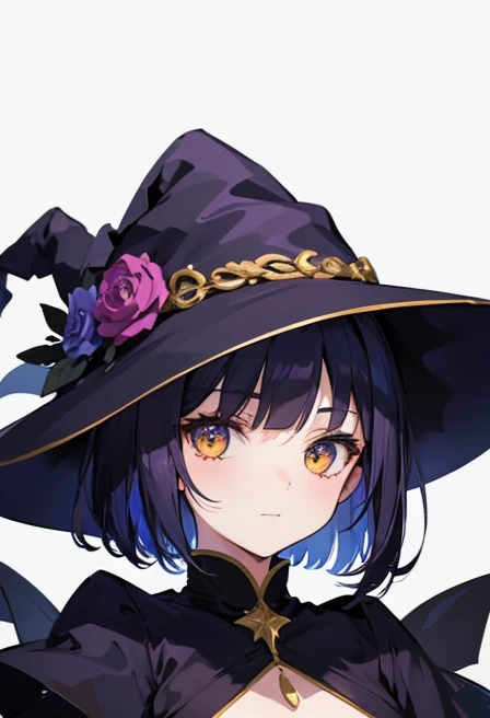 Witch's outfit, Anime-style portrait of a girl with a deep violet bob cut, {Golden eyes}, bright eyes, baby-faced, eye contact with the camera, subtle smile, minimalistic background to emphasize character, high contrast, clean lines, digital painting, vivid colors