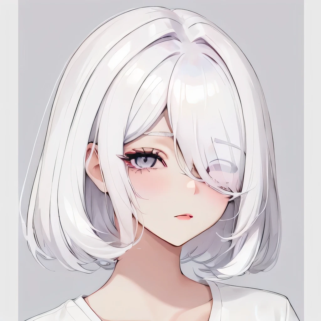 Girly girl, pastel pink glasses, white shirt, face close-up, white hair, light white eyes, pure, (Hair Over One Eye), messy short hair, feminine, innocent 