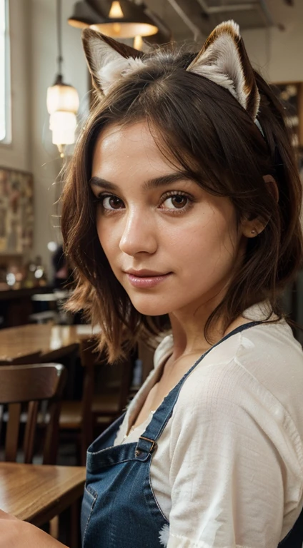 (bc:1.2)Beautiful cafe worker, (best quality,4k,8k,highres,masterpiece:1.2)gorgeous eyes with a hint of playfulness, (ultra-detailed)exquisite facial features, (realistic,photorealistic,photo-realistic:1.37)charming smile with a touch of mystery, (physically-based rendering)vibrant and flawless skin, (medium)styled with a mix of oil painting and contemporary illustration techniques. She has (extremely detailed eyes and face)captivating detailed eyes, with long, fluttering eyelashes that convey depth and tenderness.
The dog ears on top of her head are (medium)meticulously crafted with lifelike textures, highlighting their cute and fluffy appearance. Her (ultra-detailed,dog tail)fluffy dog tail sways gently as she moves. She has a (dog snout)dog snout that brings innocence and friendliness to her overall look.
The (vivid colors)color scheme of the surroundings combines warm tones and vibrant hues to create a cozy and inviting atmosphere. The cafe is filled with (sharp focus)sharp focus and (bokeh)softly blurred backgrounds, emphasizing the main subject. The walls are adorned with (ultra-fine painting)artworks depicting abstract shapes and patterns.
She wears a stylish (professional)apron with pockets, embroidered with floral patterns, and a matching outfit that complements the overall aesthetic. Her (vivid colors and sharp shadows and highlights)colorful hair is tied up in a loose bun, decorated with delicate flowers.
Next to her, a (medium-sized)friendly dog sits, with (sharp focus)clear eyes filled with warmth and loyalty. Its (extremely detailed,dog fur)dense fur is textured in a way that captures the essence of its breed. It has (sharp focus)well-defined paws, each carefully crafted and placed in a relaxed position.
The lighting in the cafe is soft and warm, accentuating the cozy and inviting atmosphere. The sunlight peeks through the window, casting gentle rays of (studio lighting)light on the cafe worker's face, creating a subtle play of shadows and highlig