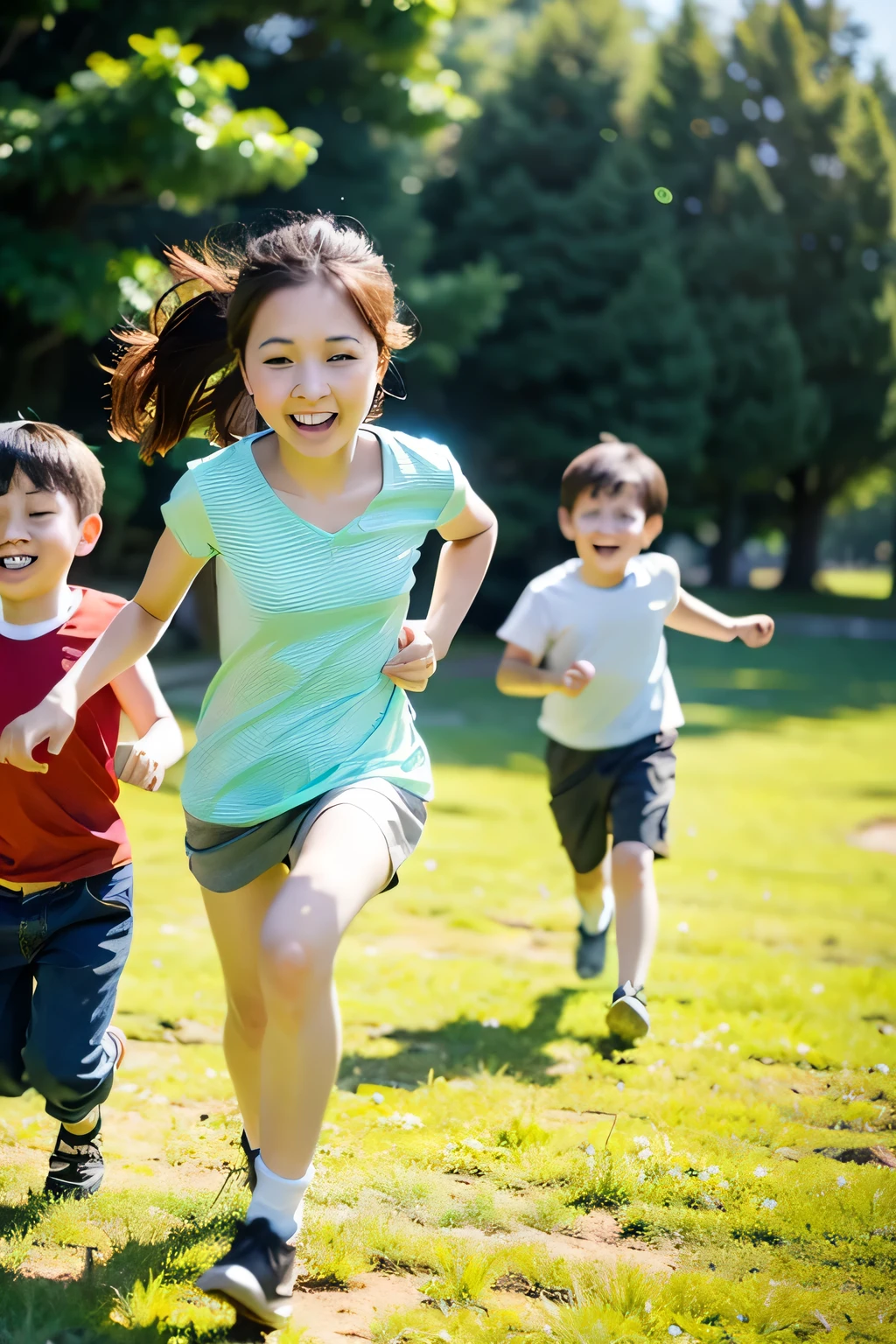 ((best quality)), ((masterpiece)), (detailed), spring,Three children running happily on the grass,profile,boy,girl,Onohana,green grass,daytime,bright,sunny,Kite,Rich details,real photography,Nikon full frame 80MM,depth of field,pixel perfect,high quality,HD