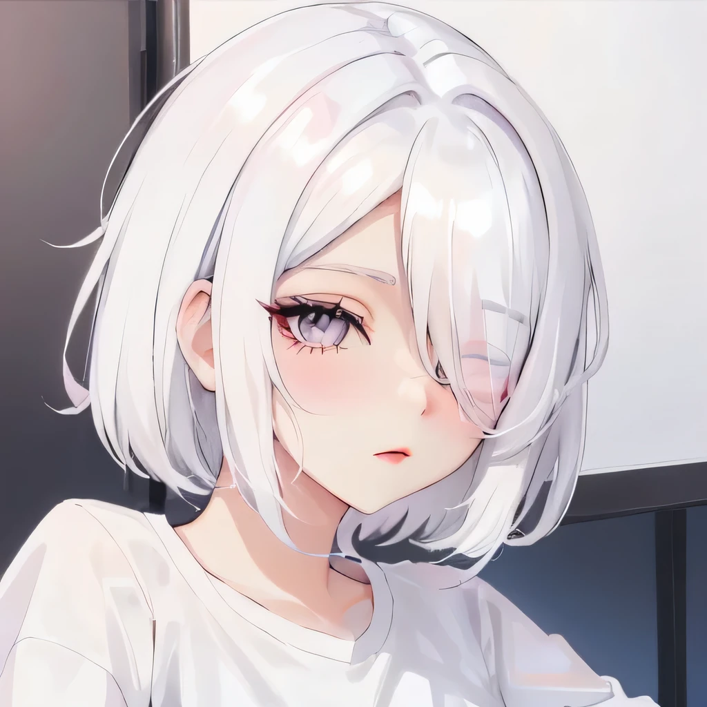 Girly girl, pastel pink glasses, white shirt, face close-up, white hair, light white eyes, pure, (Hair Over One Eye), messy short hair, feminine, innocent 