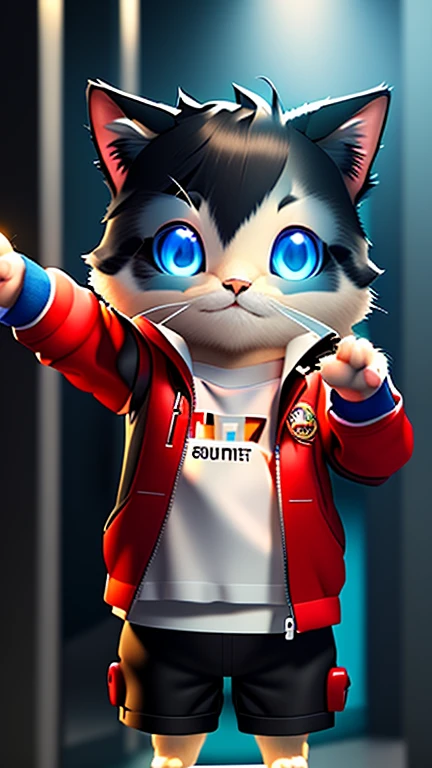 Lovely cat, No pants and a red jacket, IP Characters, digit, looking at camera, (((holding mobile phone in hand))), whole body, Isometric, 3d, Lovely, disney pixar style, Cute chibi graphics, Lovely mobile game style, surreal, Cinema lighting, gradient background, three、Exquisite 3D rendering, 3d, 4K, mixer, C4D, Octane Rendering - AR