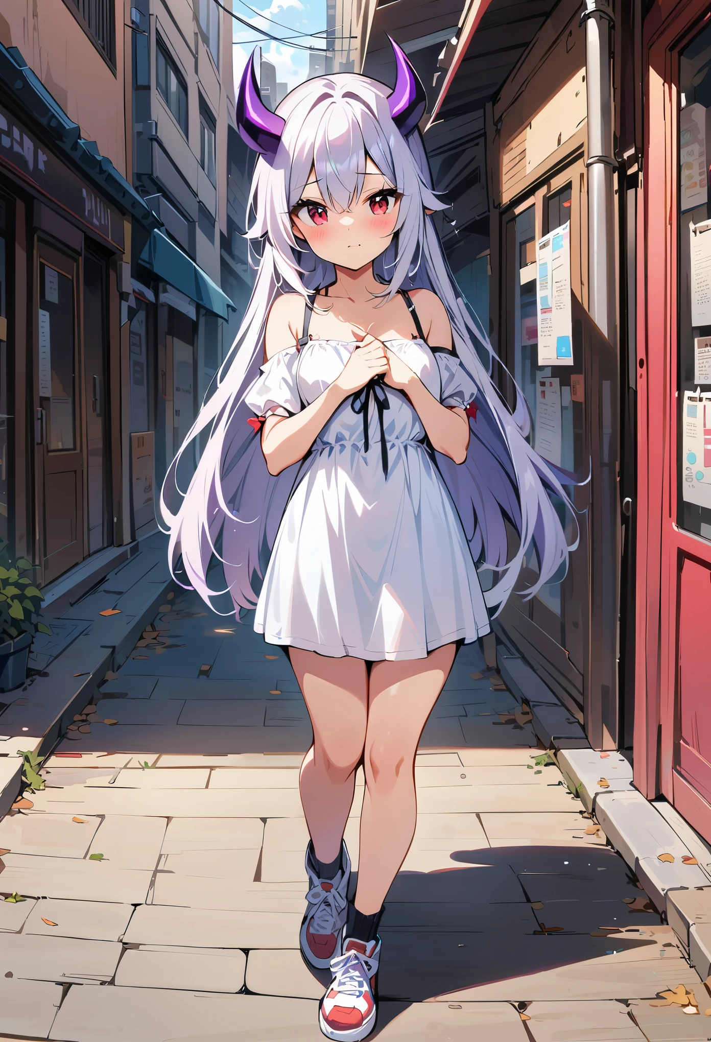 (best quality, masterpiece:1.2), 1girl, big red eyes,decend eyelids, white long hair,white dress, Purple 2horns on head, Purple demon tail, blush,full body, in street