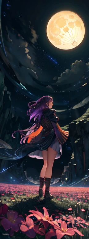expansive landscape photograph , (a view from below that shows sky above and open field below), a girl standing on flower field looking up, (full moon:1.2), ( shooting stars:0.9), (nebula:1.3), distant mountain, tree BREAK
production art, (warm light source:1.2), (Firefly:1.2), lamp, lot of purple and orange, intricate details, volumetric lighting, realism BREAK
(masterpiece:1.2), (best quality), 4k, ultra-detailed, (dynamic composition:1.4), highly detailed, colorful details,( iridescent colors:1.2), (glowing lighting, atmospheric lighting), dreamy, magical, (solo:1.2)