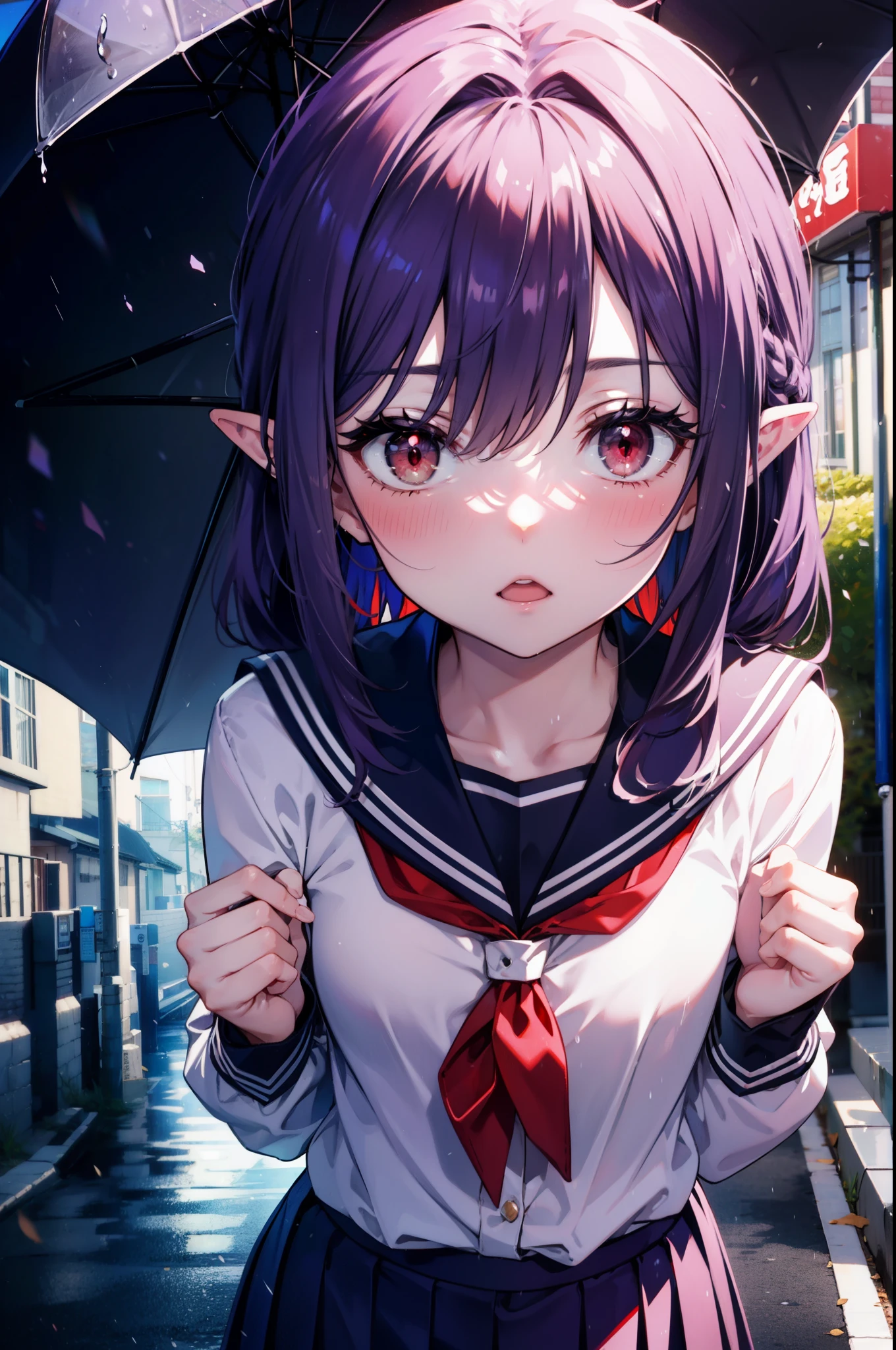 yuukikonno, Yuki Konno, hair band, long hair, pointed ears, purple hair,blush, embarrassing,(red eyes:1.5), (small breasts:1.2),high school girl uniform(Purple sailor suit),Purple pleated skirt,white tights,brown loafers,rain,cloudy,umbrella,umbrellaのグリップを両手で掴んで持っている,evening,
break looking at viewer, Upper body, full body,
break outdoors, city,building street,
break (masterpiece:1.2), highest quality, High resolution, unity 8k wallpaper, (shape:0.8), (fine and beautiful eyes:1.6), highly detailed face, perfect lighting, Very detailed CG, (perfect hands, perfect anatomy),