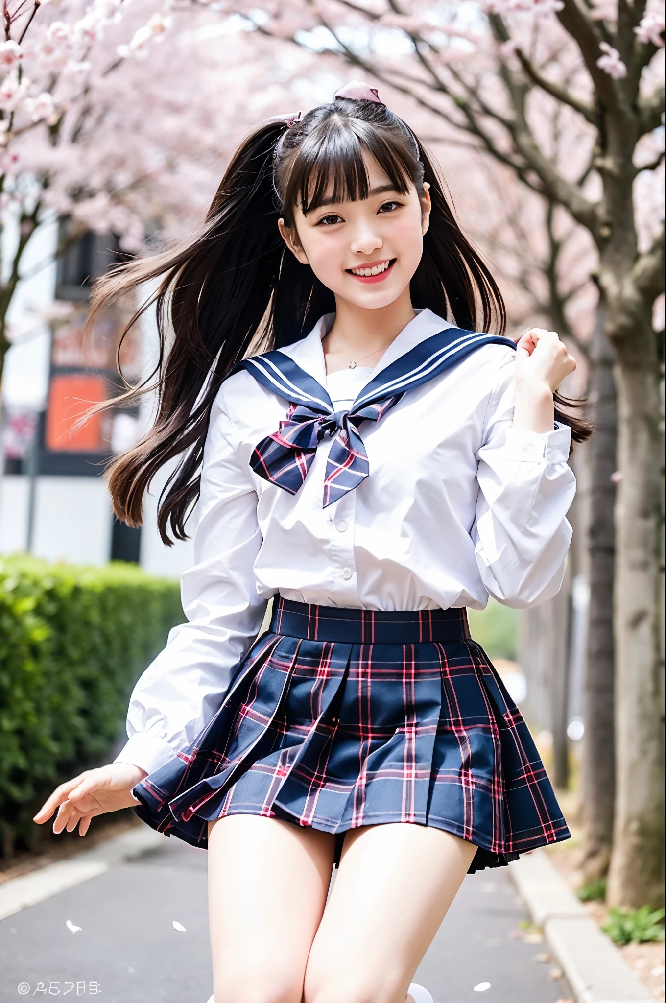 masterpiece, upper body shot, front view, sunset, 1 woman per 1 photo, a Japanese young pretty woman, hyper pretty face, 18 years old, staring at a city view on the train while carrying a tote bag on her shoulder, big smile, glamorous figure, wearing a short sleeves silky white collared shirt with shiny satin red plain bow tie, wearing a navy blue pleated long skirt, glossy lips, double eyelids in both eyes, natural makeup, long eyelashes, shiny smooth light brown hair of medium length, asymmetrical bangs, tanned skin, wearing a dark blue pleated skirt, head in the frame, central image, 8K resolution, high detail, detailed hairstyle, Detailed Face, spectacular cinematic lighting, octane rendering, vibrant, hyper realistic, perfect limbs, perfect anatomy