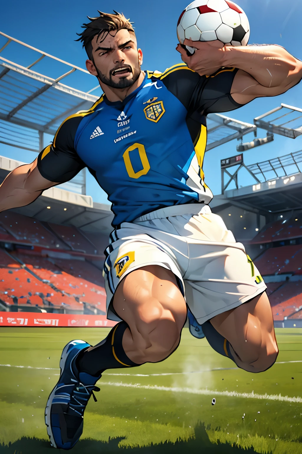 High-resolution, male focus, detailed body, hyperdetailed face, stubble, athletic physique, muscular build, intense gaze, determined expression, sweat dripping, dynamic pose, mid-air action shot, powerful kick, professional uniform, colorful team jersey, cleats, soccer ball, grass field, stadium backdrop, competitive atmosphere, teamwork, sportsmanship, victory celebration.