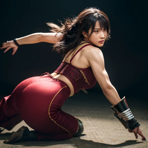 best quality, highres:1.2), ultra-detailed, realistic:1.37, KUNOICHI Taki from the game Soul Calibur 5 dashing through the scene with unparalleled swiftness. Her svelte figure is accentuated by a form-fitting leotard that meticulously contours every muscle and curve. Her ample G-cup breasts and voluptuous buttocks sway seductively with each stride. In her hand, she clutches a dagger, its edge glinting menacingly in the dramatic, cinematic lighting. The environment around her is a violent whirlwind of motion and intensity