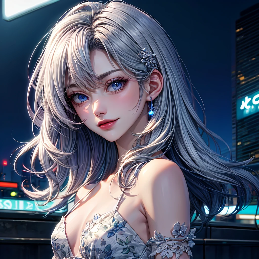 1 woman of 30 years old, {{{messy white hair}}}, {{{pale blue eyes}}}, Pale blue floral print dress {exposed arms} cleavage, small smile {silver accessories}, in a city sidewalk with neon lights, {best quality.}, {highreaasterpiece.}, {{{medium close up.}}}, {facing viewer}
